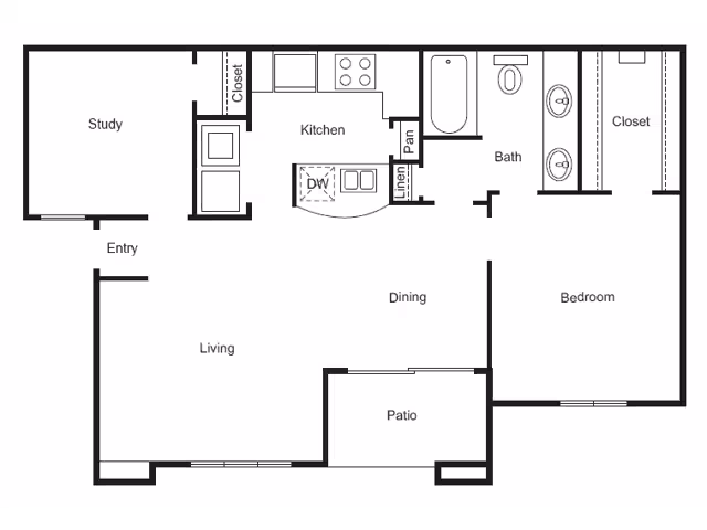 1 Bed, 1 Bath 7-0725 floor plan